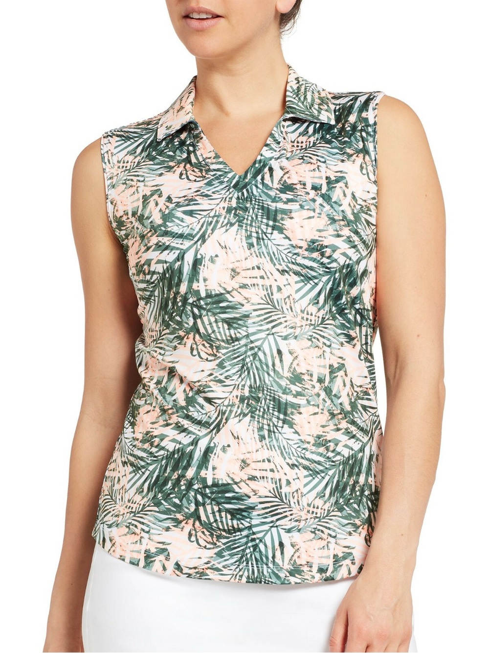 NWOT Lady Hagen Palm-Print Sleeveless Polo Top